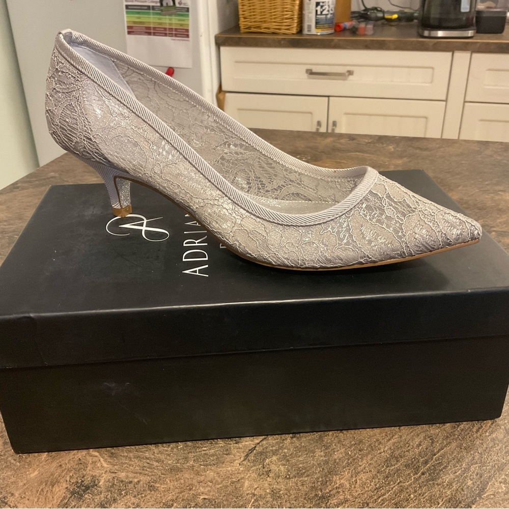 Adrianna Papell Silver Lace Kitten Heels